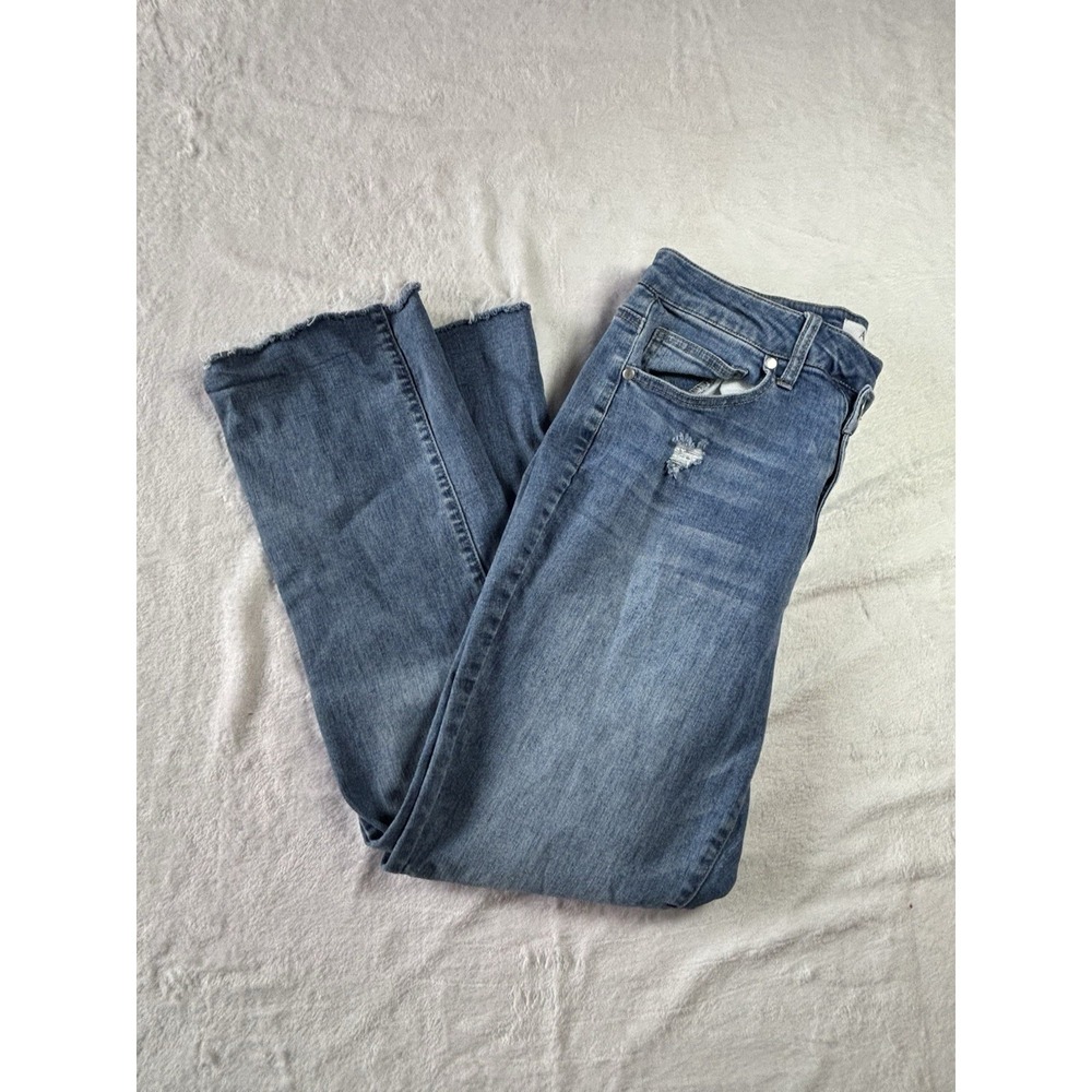 Arula Womens Jeans High Rise Crossover  straight leg Raw hemVintage Wash Size12